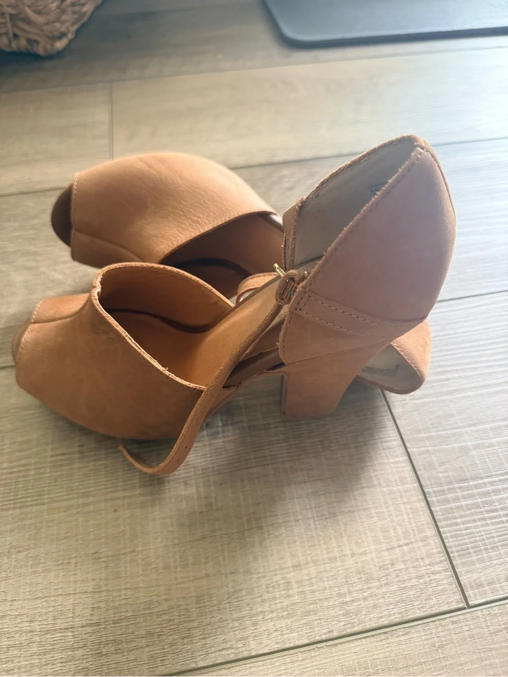 Leather Suede Peep-Toe Ankle Strap Heels in Tan